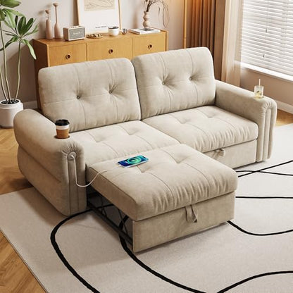 80.4" Queen Sleeper Sofa Bed, 3 in 1 Convertible Pull Out Couch with USB Ports & Cup Holders, Modern Chenille Loveseat Sofabed with Adjustable Backrest for Living Room, Bedroom, Apartment - color: Beige, style: Sofabed w/USB &Cup Holders