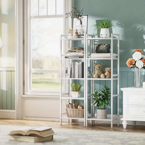 HITNET 5 Tier Bamboo Shelf, Tall Narrow Bookcase, Freestanding Bathroom Storage Unit with Adjustable Shelves, Modern Display Standing Bookshelf for Living Room, Bedroom, Home Office, White - color: White