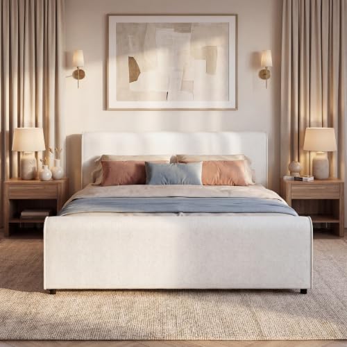 Merax King Size Luxury Bouclé Upholstered Bed Frame, White | Modern Curved Platform Bed with Rounded Headboard & Footboard, No Box Spring Needed, Solid Wood Slats Support, Easy Assembly - size: King
