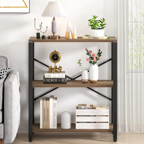 Small Bookshelf, 3 Tier Open Book Shelf, Rustic Wood and Metal Shelving Unit for Small Space, Oak - color: Oak, size: 3-Tier