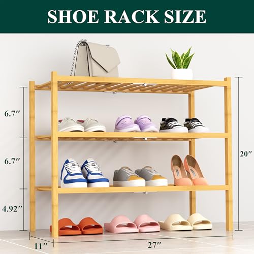 Smiry Bamboo Shoe Rack, 14 Vertical Slats, 3 Tier - 26.8" Wide, Natural | Stackable Free Standing Wooden Shoe Organizer, Wood Shoe Storage Shelf for Closet, Entryway, Thicher Leg - color: Natural, size: 26.80" Wide - 3 Tier - Thicker