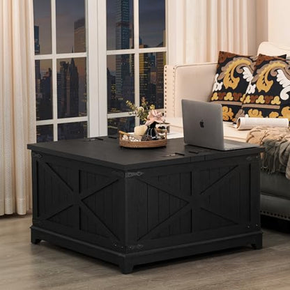 Joaxswe Farmhouse Coffee Table with Hidden Storage Organizer, Black Square Large Center Table, Wood Farm House Low Modern Living Room Tables with Hinged Lift Top for Home, Office - color: Black, style: With Legs