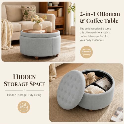 25" Round Ottoman with Storage, Small Coffee Table with Reversible Tray Lid | Tufted Fabric Round Storage Ottoman with Solid Wood Legs, 3-in-1 Footrest for Living Room, Bedroom, Entryway, Gray - color: Grey
