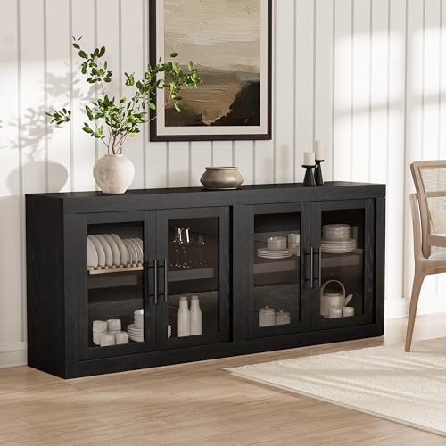 Garvee 65.32" Sideboard Buffet Cabinet, 4 Glass Doors, Black | Tempered Glass Display Doors, Mid-Century Style, Adjustable Shelves, Elegant Coffee Bar, Durable Frame, Easy Assembly - color: Black, size: 4 Glass Doors