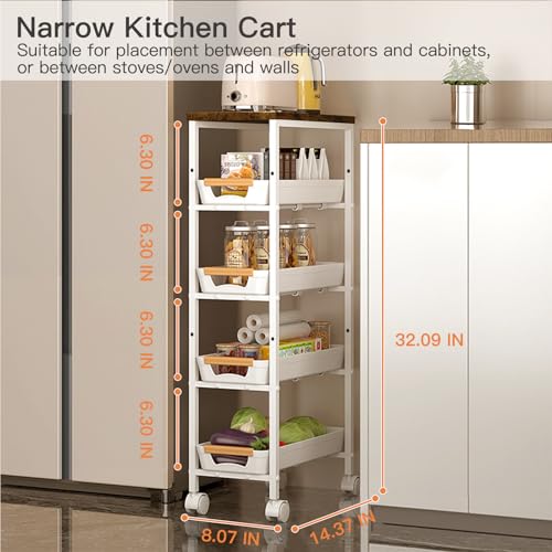 5 Tier Slim Storage Cart Metal Gap Filler with Wood Top White | Slim rolling cart fits 8" laundry gaps. Features a solid wood top for heavy detergents and breathable PP mesh drawers - color: White