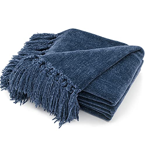 RECYCO Chenille Throw Blanket for Couch, 50"x60", Blue | Super Soft Knit Throw Blanket with Fringe Tassels, Lightweight Knitted Throw, Cozy, Ideal for Sofa Chair Bed Living Room Gift - color: Blue, size: 50'' X 60''