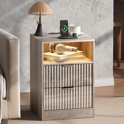 Fluted Nightstand Set of 2, LED Nightstand with Charging Station, Wood Nightstands with 2 Drawers & Metal Handles, Modern Bedside Table & End Tables, Farmhouse Night Stands for Bedroom, Grey - color: Grey, style: LED 2 Drawers-2 PCS