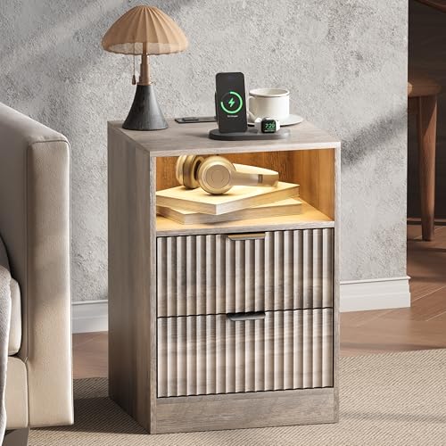 Fluted Nightstand Set of 2, LED Nightstand with Charging Station, Wood Nightstands with 2 Drawers & Metal Handles, Modern Bedside Table & End Tables, Farmhouse Night Stands for Bedroom, Grey - color: Grey, style: LED 2 Drawers-2 PCS
