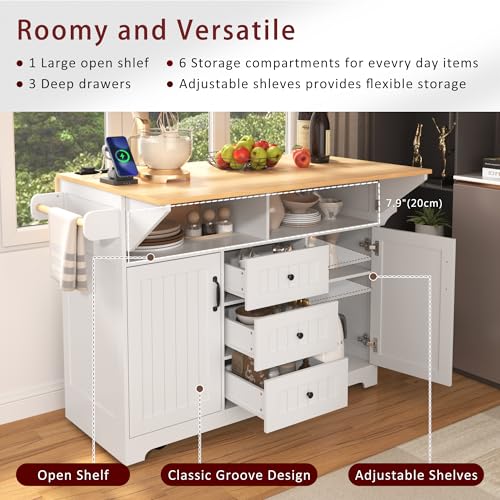 55.7" W Kitchen Island with 2 Drop Leaf, Moblie Kitchen Cart On Wheels with Storage Cabinet, 3 Drawers, Multifunctional Rolling Dining Table with Power Outlet, Spice & Towel Rack (White-v) - color: White-v)