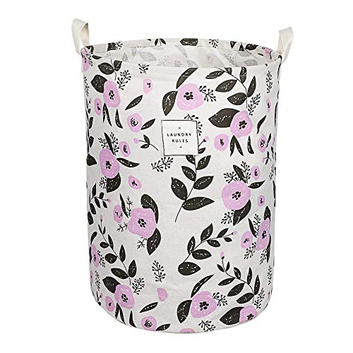 UUJOLY Collapsible Laundry Basket, Laundry Hamper with Handles Waterproof Round Cotton Linen Laundry Hamper Printing Household Organizer Basket, 19.7x15.7 inches, Purple