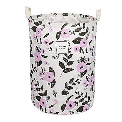 UUJOLY Collapsible Laundry Basket, Laundry Hamper with Handles Waterproof Round Cotton Linen Laundry Hamper Printing Household Organizer Basket, 19.7x15.7 inches, Purple