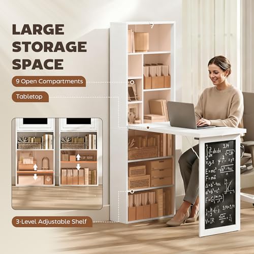 HOMCOM Foldable Convertible Writing Table Space-Saving Computer Desk White | Wall Mounted Design, Chalkboard, Storage Shelves, for Small Spaces, Home Office, Bedroom, Dorm, Apartment - color: White
