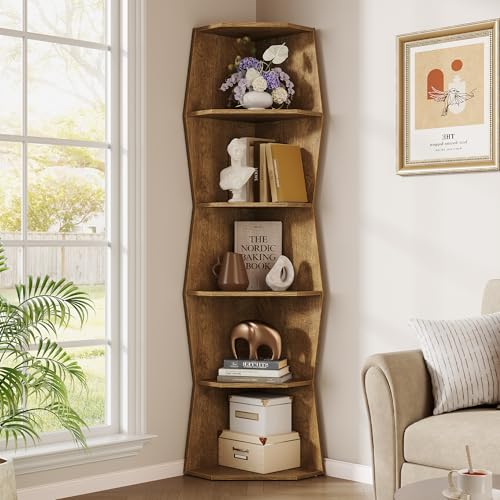 6-Tier Wavy Corner Shelf, Wooden Tall Corner Bookshelf, Brown | 70'' Narrow Corner Shelves, Modern Irregular Corner Bookcase for Living Room, Bedroom, Anti-tip Kit, 33lbs/Shelf - color: Light Oak