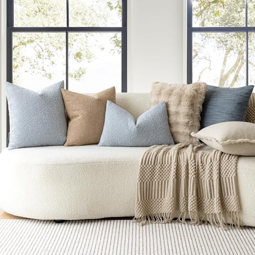 Foindtower Set of 2, Decorative Textured Boucle Throw Pillow Covers Accent Solid Pillow Cases Neutral Soft Cozy Couch Cushion Case for Chair Sofa Bedroom Living Room Home Decor 16 x 16 Inch Light Blue - color: Sky, size: 16" x 16" (Pack of 2)