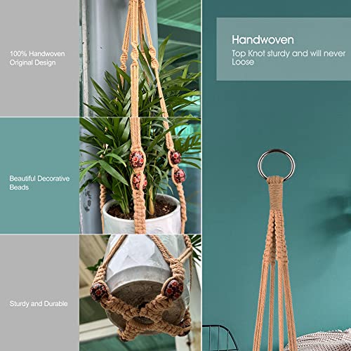 RIFNY Macrame Plant Hanger for 5 to 10 Inch Plant Pots, 35 Inch Woven Rope Hanger Kits with Hooks and Wood Beads, Hanging Planter Basket for Indoor Boho Home Decor (Brown, 3 Pack) | 35 Inch Hanging Planter with Hooks, Fits 5-10" Pots, Suitable for Ceiling