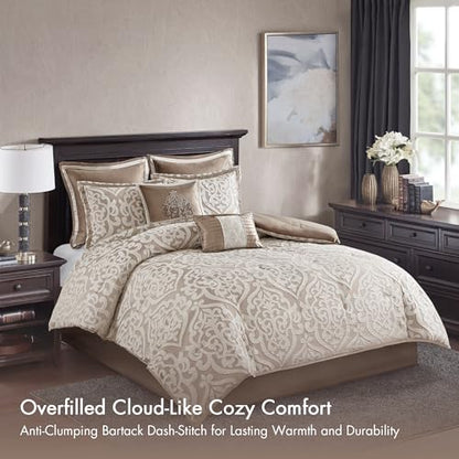 Madison Park Odette Cozy Comforter Set Jacquard Damask Medallion Design - Modern All Season, Down Alternative Bedding, Shams, Decorative Pillows, Queen(90 in x 90 in), Tan 8 Piece | All Season Down Alternative Bedding with Comforter, Shams, Bed Skirt, Dec