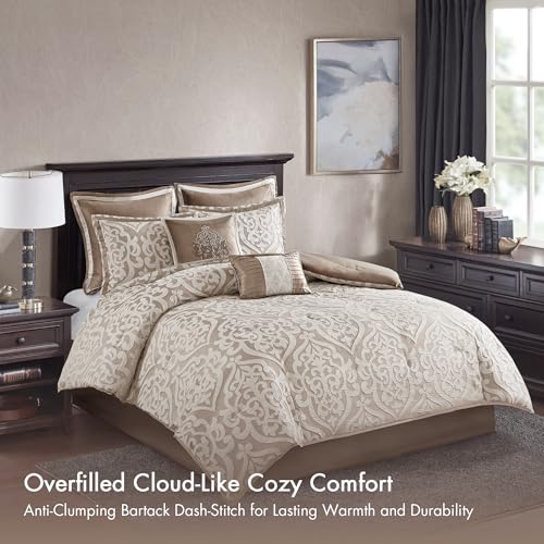 Madison Park Odette Cozy Comforter Set Jacquard Damask Medallion Design - Modern All Season, Down Alternative Bedding, Shams, Decorative Pillow, King(104 in x 92 in), Tan 8 Piece | All Season Down Alternative Bedding with Comforter, Shams, Bed Skirt, Deco