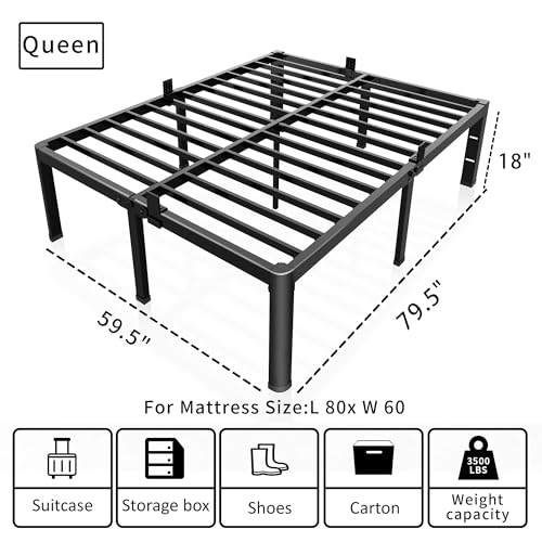 ROIL 18 Inch Queen Bed Frame with Rounded Corner & 4 Mattress Baffles | Easy Assembly, Noise Free, 3500LBS Load Capacity, No Box Spring Needed, 16.4" Storage Space, Headboard Hole, Heavy Duty Steel - size: Queen, style: 18 Inch
