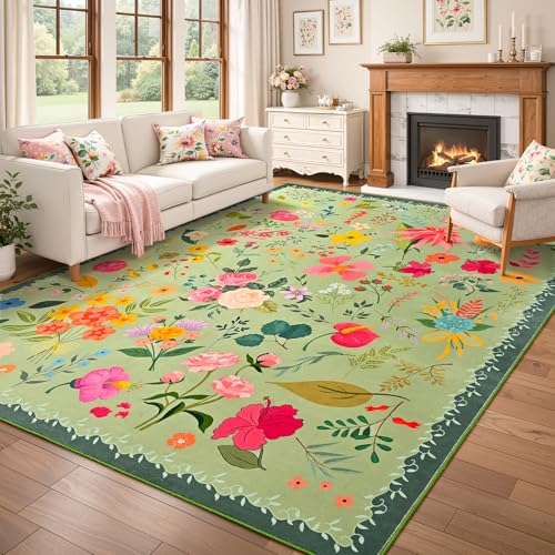 ISEAU Green Rug for Bedroom 4x6 Area Rugs for Kids Room Dorm Rug, Non Slip | Floral Rug with Non-Slip Botton, Low-Pile and Washable Indoor Carpet for Playroom Nursery Dining Room Dorm Decor - color: Green, size: 4ftx6ft