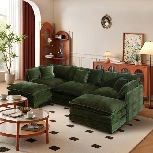 103.8" Chenille U Shaped Modular Sofa with Ottoman,Green | Randomly Assemble Modular Sofa Sets, Modern Recliner Deep Seat Sofa Set for Living Room,Office - color: Green, size: 3S+2O