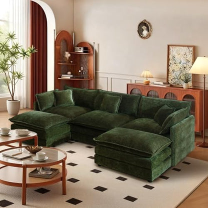 103.8" Chenille U Shaped Modular Sofa with Ottoman,Green | Randomly Assemble Modular Sofa Sets, Modern Recliner Deep Seat Sofa Set for Living Room,Office - color: Green, size: 3S+2O