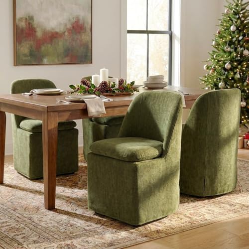KISLOT Upholstered Dining Chairs with Casters, Washable Cover Modern Dining Room Chairs with Thick Cushion & Sturdy Metal Frame for Kitchen, Living Room, Dressing Room, Green Fabric, Set of 4 - color: Green, size: set of 4(2 BOX)