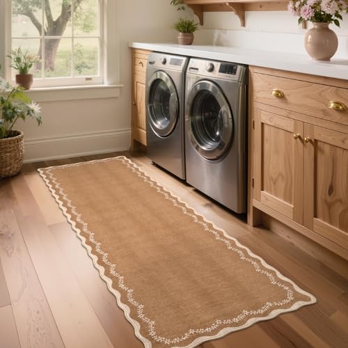 GarveeHome 2x6 Scalloped Washable Runner Rug Non Slip Hallway Kitchen Rug | Soft Brown Runner Entryway Rug Farmhouse Thin Laundry Mat Stain Resistant Carpet for Bedroom Bathroom Beside Rug - color: Brown, size: 2' x 6' (Rectangular)