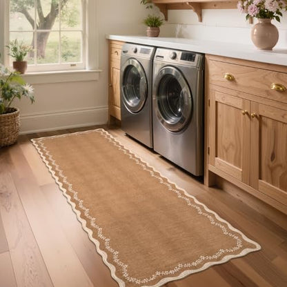 GarveeHome 2.5x8 Scalloped Washable Runner Rug Non Slip Hallway Kitchen Rug | Soft Long Hall Runner Brown Entryway Rug Farmhouse Thin Laundry Mat Stain Resistant Carpet for Bathroom Beside Rug - color: Brown, size: 2'6" x 8' (Rectangular)