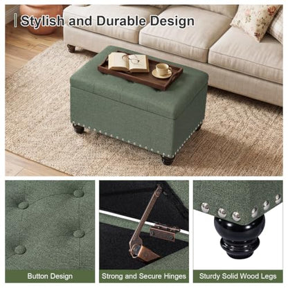 Ottoman with Storage, Fabric Ottoman Foot Rest 24" Rectangle Tufted Foot Stools Ottomans with Hinged Lid Upholstered Button Ottomans for Bedroom Living Room Entryway, Green - color: Green