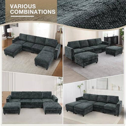 110" Convertible U-Shape Couch with 2 Flexible Ottomans, Grey | Soft Sectional Sofa with Durable Cup Holders, Chenille 4 Seater Sofa with Well-Filled Backrest for Living Room, House - color: Grey, size: 110" U-Shape