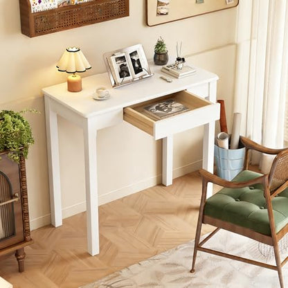 Solid Wood Desk with Drawers - 32 x 16 Inch Simple Narrow Desks, Rubber Wood Study Table, Small Writing Desk for Bedroom|Small Spaces - Modern White Desks - color: White, size: 31.5 in W x 15.7 in D