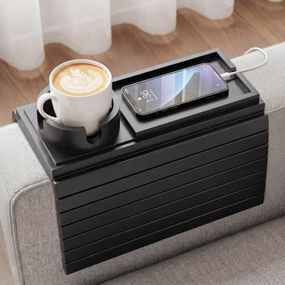 Bamboo Sofa Armrest Tray, Foldable Couch Arm Tray Side Table, 2 in 1 Anti-Falling Armrest Tables Cup Holder for Snacks, Drinks, Beers, Phone, Control, Flexible and Portable, Anti-Slip, (Black) - color: Black