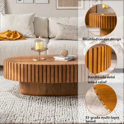 Oval Fluted Drum Coffee Table with Pedestal Base | 43.3'' Modern Wooden Drum Center Table, Handcrafted Solid Wood Fluted Edge, For Living Room & Apartment - color: Oval Wood