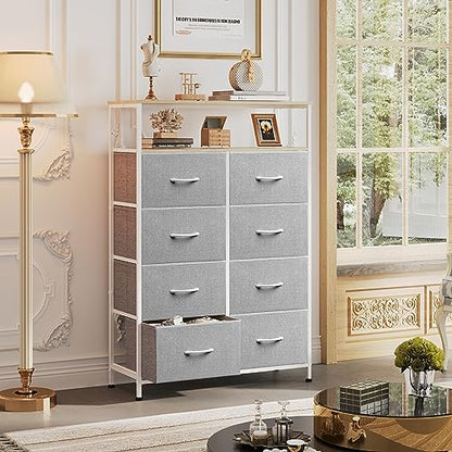 WLIVE 8 Drawer Fabric Dresser Open Shelves, Tall Bedroom Chest, Light Grey | Light Grey 8 fabric drawers plus open shelves, steel frame with wood top, great for bedroom closet entryway and dorm storage - color: Light Grey, style: Raised Shelves