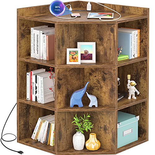 Aheaplus Corner Cabinet, Corner Storage with USB Ports and Outlets, Corners Cube Toy Storage for Small Space, Wooden Corners Bookshelf with 9 Cubes for Playroom, Bedroom, Living Room, Rustic Brown - color: Rustic Brown, size: 4-Tier