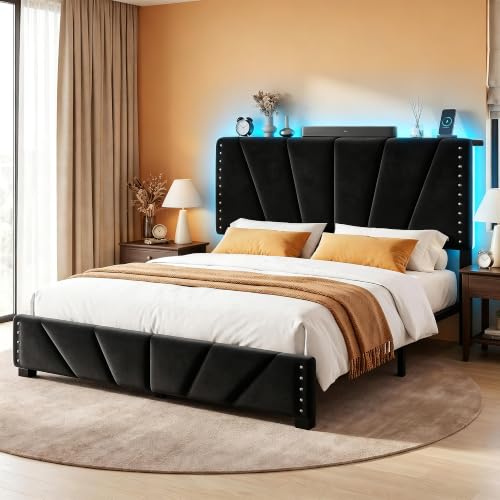 EnHomee Queen Bed Frame with LED Lights & USB, Noise-Free, Black | Adjustable Velvet Headboard，Under-Bed Storage，Heavy Duty Support with 12 Slats，No Box Spring Needed，Easy Assembly for Bedroom - color: Black, size: Queen (U.S. Standard)