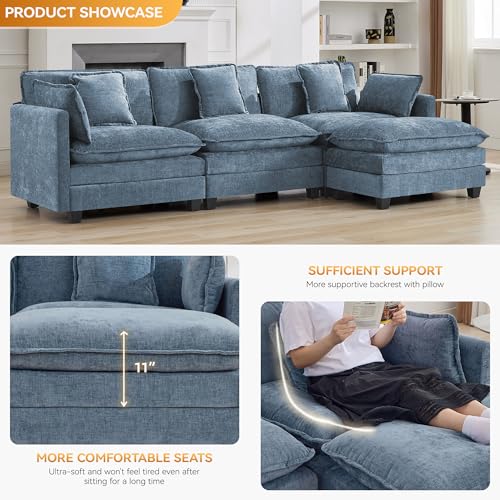 111'' Sectional Cloud Deep Seat Couch, Modern Comfy Chenille L Shaped Sectional Sofa for Living Room Set, Upholstered Modular 4-Seats Sofa Couch with 1 Movable Ottoman, Blue - color: Blue, size: 111'' L Shape