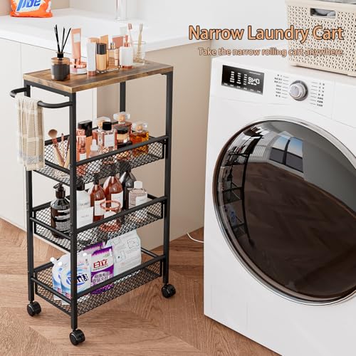 Slim Rolling Cart 4 Tier Narrow Storage Cart on Wheels with Handle | Lockable Wheels, Wood Top Panel, Metal Frame Utility Carts for Kitchen, Dining, Living, Home Office, Laundry Room - size: 16.38 x 9.06 x 30.31 inch