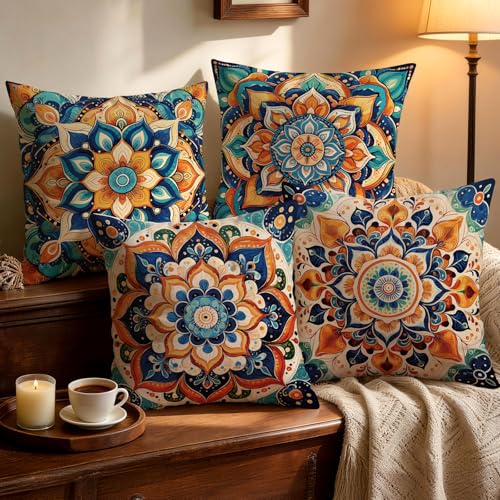 OBSEDE Boho Mandala Decorative Throw Pillow Covers 18 x 18 Inch Set of 4 | Faux Linen Texture, Blue Orange Psychedelic Floral, Bed Sofa Cushion Cases, Bohemian Home Decor, Spiritual Meditation Gift - color: Boho Spirit Mandala, size: 18" x 18" (Pack of 4)