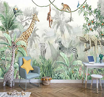 Reyhui Kids Wallpaper Tropical Leves and Safari Animals | 151"x105" Not Peel and Stick Wall Mural for Wall Bedroom Living Room TV Background Sofa Wall - color: MURAL-013, size: 151" x 105"