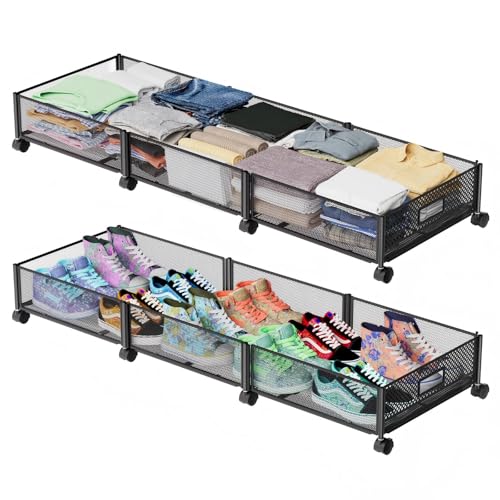 Under Bed Storage with Wheels 47.2"(L)/57.6L Large Rolling Under Bed Storage, Metal Underbed Containers on Wheels, Tool-Free Assembly Foldable Metal Underbed Drawers for Shoes Clothes Toys - size: 2 Pack (47.2×15.7")