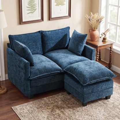 50" Loveseat Sofa with Ottoman, Cloud 2-Layer Cushion & 27" Deep Seat, Modern Love Seat Small Couch with 2 Washable Pillows for Small Spaces, Bedroom, Apartment, Office, Living Room, in a Box, Blue - color: Blue, size: Loveseat with Ottoman