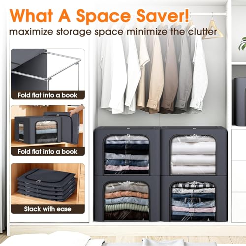 4 Pack Clothes Storage Bins with Metal Frame, Light Grey, 40L | Foldable Storage Boxes with Clear Window, Front & Top Zipper Openings, Stackable Organizer with Handles for Closet & Bedroom