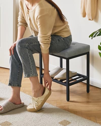 IBUYKE Rectangular Makeup Stool, Linen Seat Vanity Chair, Blue Gray WBD017L | Adjustable Feet Storage Space Footrest Multi-Use Small Side Table Ottoman Bedroom - color: Blue Gray, size: Rectangular