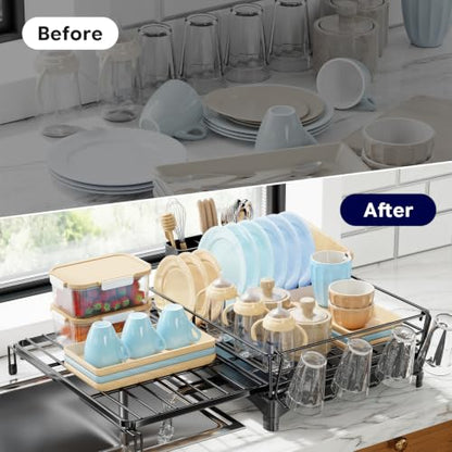 Simple Trending Dish Drying Rack - Expandable Dish Rack for Kitchen Counter, Large Capacity Dish Drainer, Stainless Steel Dish Strainer with Utensil & Cup Holders, Black - size: 21.71"D x 17"W x 6"H