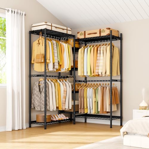 E4L L-shaped Clothes Rack for Corner, Heavy Duty Freestanding Garment Rack, Metal Clothing Organization Storage System with Shelves and Hangers, Max Load 962lbs, 42.7"W x 42.7"D x 79.3"H, Black - color: Black