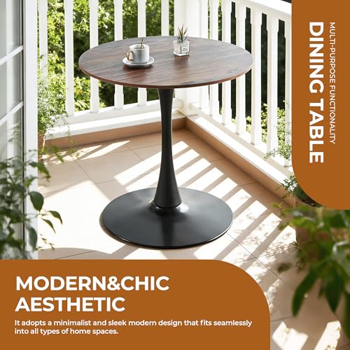 31.5 Inch Round Tulip Dining Table, Dark Walnut MDF Top with Black Pedestal Base, Mid-Century Modern Kitchen Table for 2, Apartment and Breakfast Nook - color: Black and Dark Walnut