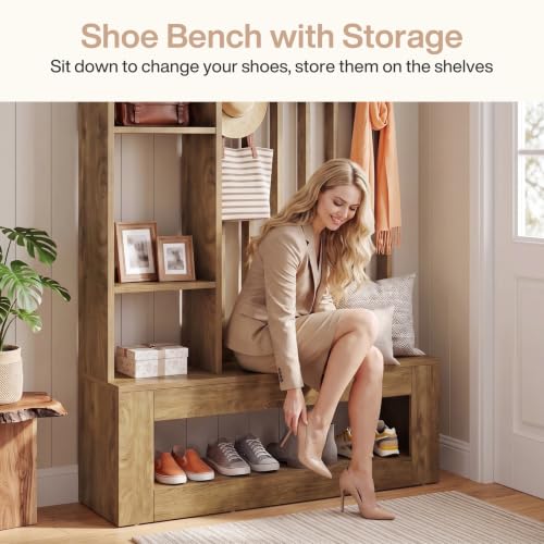 Tribesigns Wall Room Divider with Shelves and Coat Hooks, 5-in-1 Divider | Entryway Bench with Coat Rack, 4 Hooks, Freestanding Room Partition for Home & Office, Brown (39.37" W x 11.8" D x 70.87" H)
