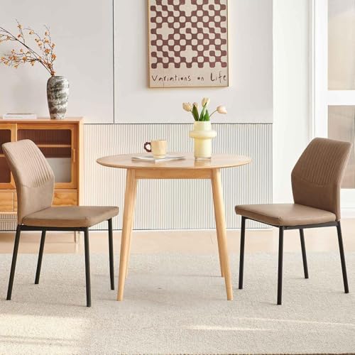 PU Leather Dining Chairs Set of 2, Mid-Century Modern Beige Leather Kitchen Chairs, Armless Dining Room Chairs with Black Metal Legs for Dining Room, Living Room - color: Beige, size: 2 Chairs