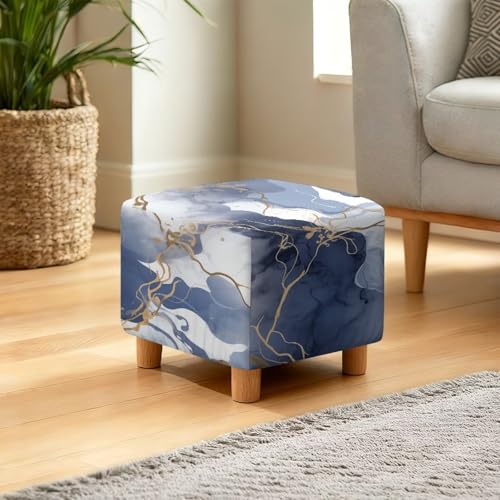 Gray Blue Marble Print Square Ottoman Cover Soft Fabric Ottoman Slipcover for Living Room Decor Stretchable Footrest Stool Covers for Square Ottomans - color: Gray Blue Marble